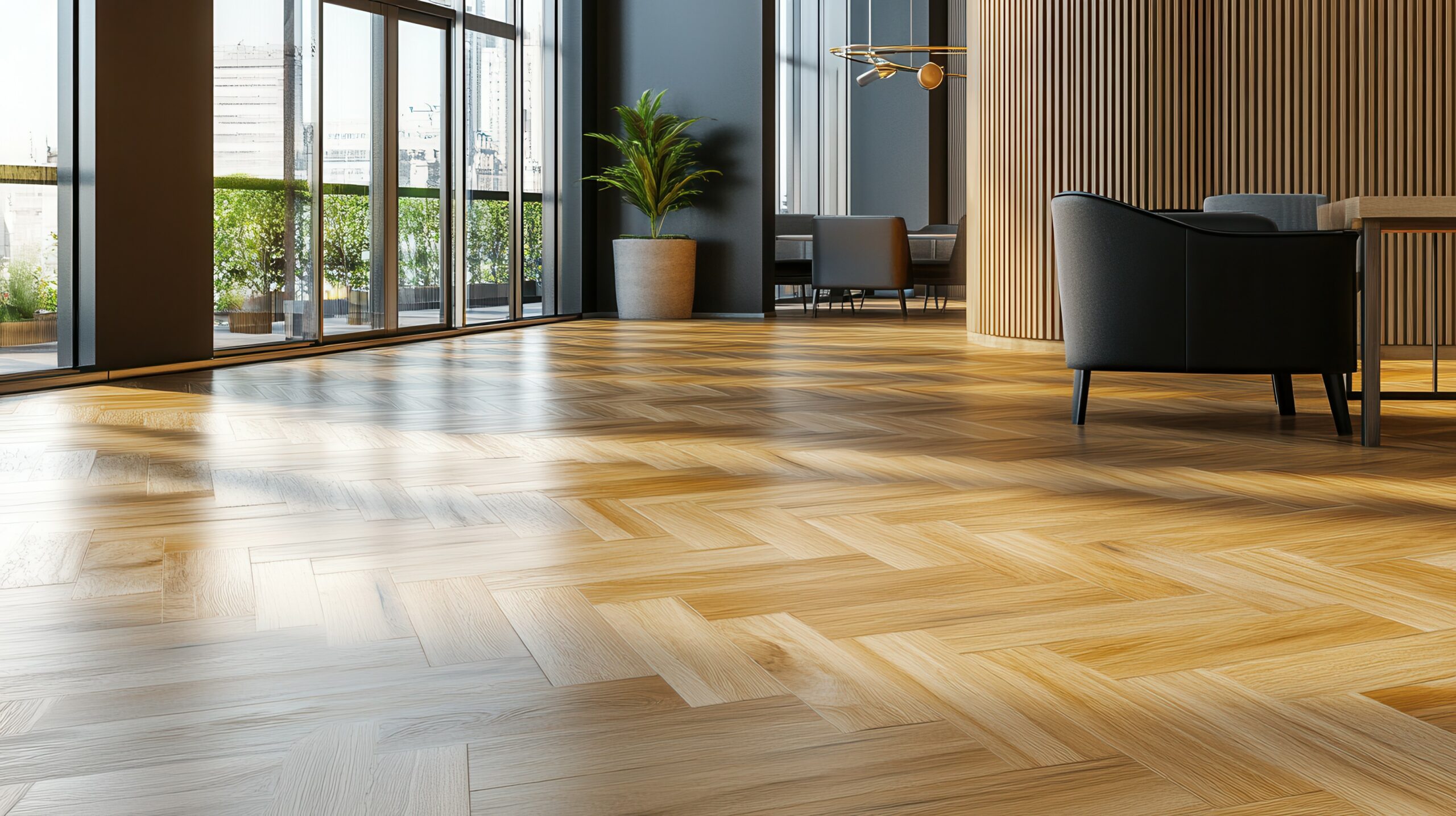 Modern office lounge with herringbone wood flooring and large windows